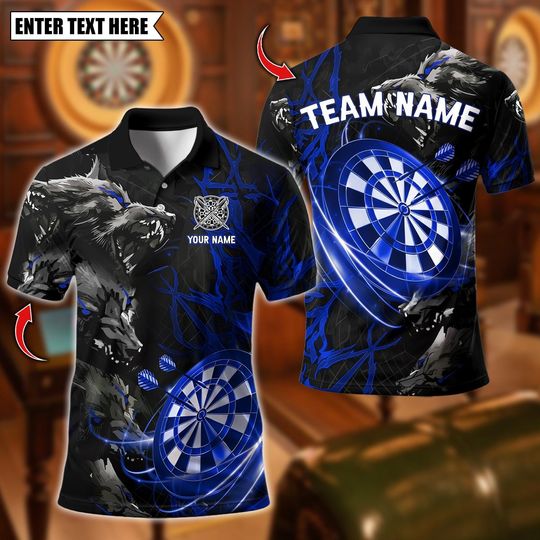 Discover Personalized Name Dart Polo Shirt, Flame Wolf Dartboard Design ,Custom Team Shirt for Men Women, Gift for Darts Players
