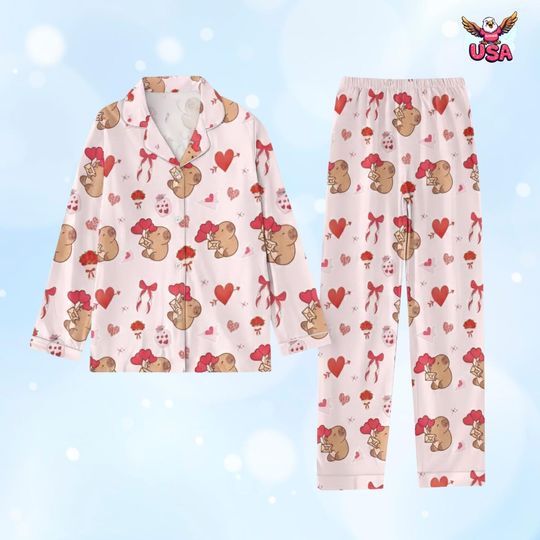 Capybara Pajama Set for Women, Pink Valentine's Day Sleepwear, Kawaii Animal Print Loungewear, Birthday Gift for Her