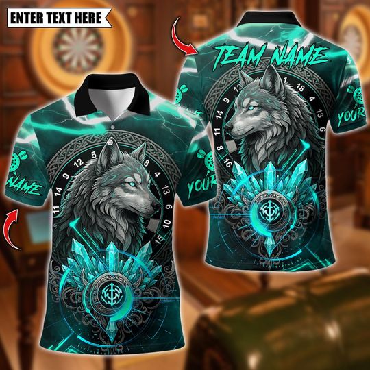 Discover Personalized Name Dart Polo Shirt, Wolf Viking Symbol Darts Design ,Custom Team Shirt for Men, Gift for Darts Players