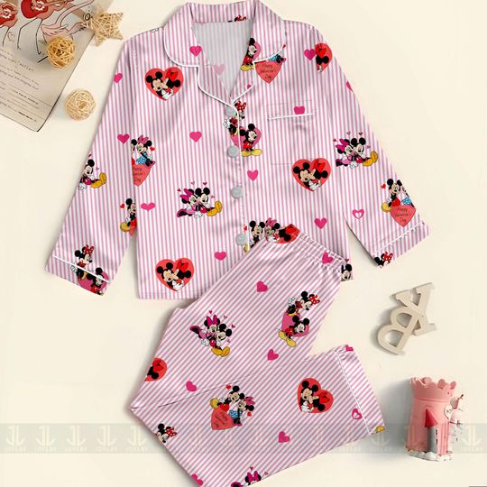 Discover Mickey Minnie Couple Valentine 2026 Unisex Satin Pajamas Set, Disney Valentine Pajamas, Long Sleeve And Short Styles