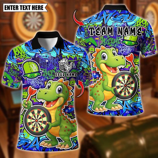Personalized Name Dart Polo Shirt, Graffiti Cute Dinosaur Dartboard Design ,Custom Team Shirt for Men, Gift for Darts Players
