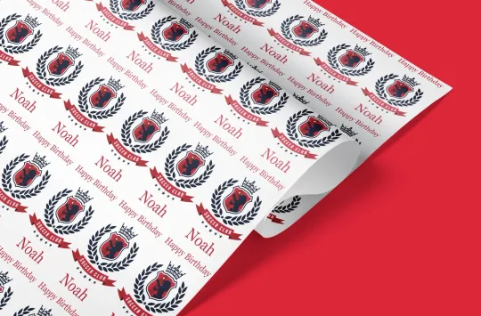 Discover Football Team Personalized Birthday Wrapping Paper with Custom Crest and Name