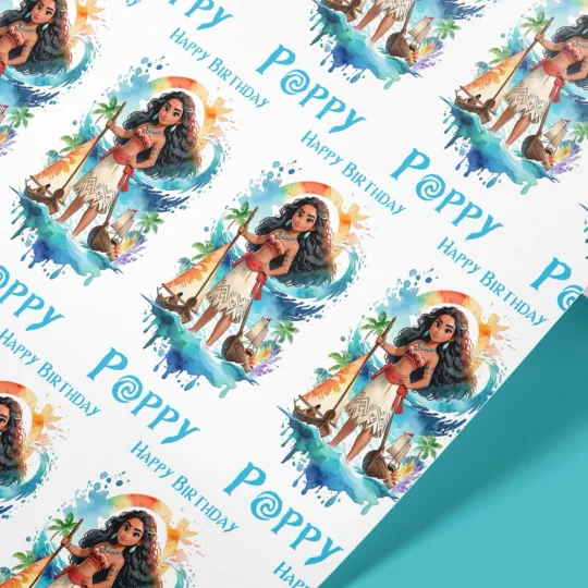 Discover Personalised Moana Wrapping Paper with Custom Name and Age for Disney Birthday Gifts