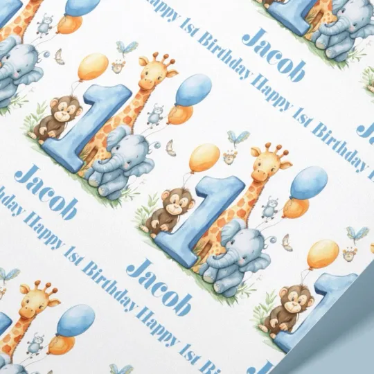 Discover Blue 1st Birthday Wrapping Paper with Personalized Name Safari Baby Boy Gift Wrap