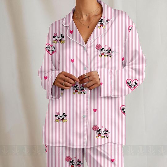 Discover Mickey Minnie Couple Heart Valentine 2026 Unisex Satin Pajamas Set, Disney Valentines Pajamas, Long Sleeve And Short Styles