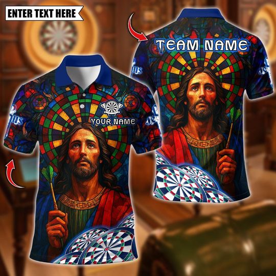 Discover Personalized Name Dart Polo Shirt, Jesus With DartBoard Design ,Custom Team Shirt for Men, Christmas Gifts For Darts Players