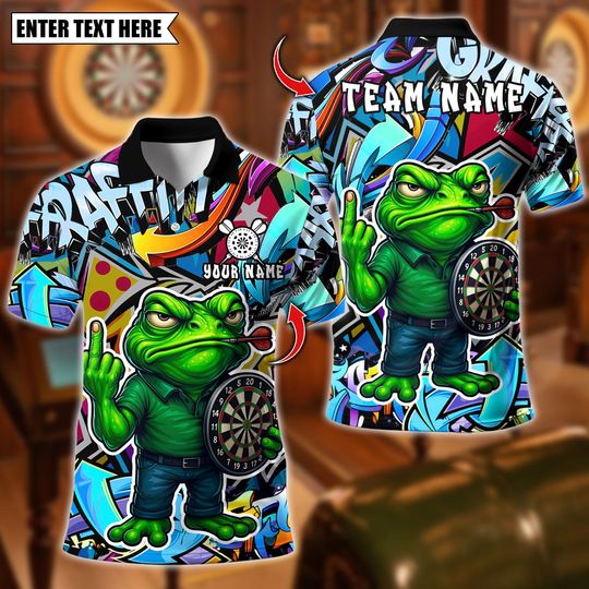 Discover Personalized Name Dart Polo Shirt, Cartoon Offended Frog Dartboard Design Polo ,Custom Team Shirt for Men, Gift for Darts Players