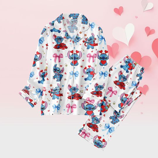 Discover Stitch Long Thick PJs Set, Disney Stitch Long Thick Pajamas, Cute Stitch Long Pajama Set, Women Pajamas, Valentine Gift for Disney Fan