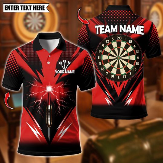 Discover Personalized Name Dart Polo Shirt, Lightning Sport Dartboard Design Polo ,Custom Team Shirt for Men, Gift for Darts Players