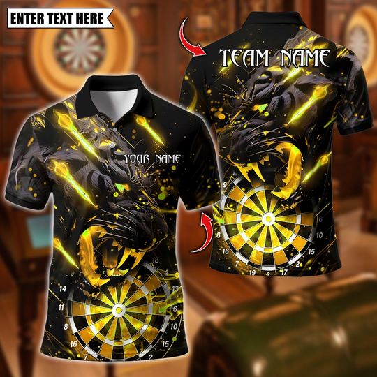 Discover Personalized Name Dart Polo Shirt, Black Tiger Roaring Fire Dartboard Design ,Custom Team Shirt for Men, Gift for Darts Players