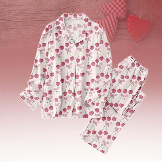 Discover Cherry Long Thick PJs Set, Cherry Print Long Thick Pajamas, Cute Long Pajama Set, Cherry Pajamas, Gift for Her