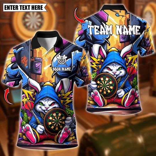 Discover Personalized Name Dart Polo Shirt, Cool Bunny Street Style Graffiti With Dartboard Design ,Custom Team Shirt for Men, Gift for Darts Players