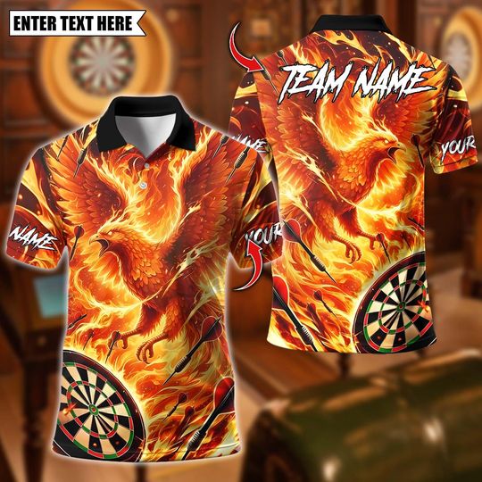 Discover Personalized Name Dart Polo Shirt, Dartboard Fire Phoenix Flame Design ,Custom Team Shirt for Men, Gift for Darts Players