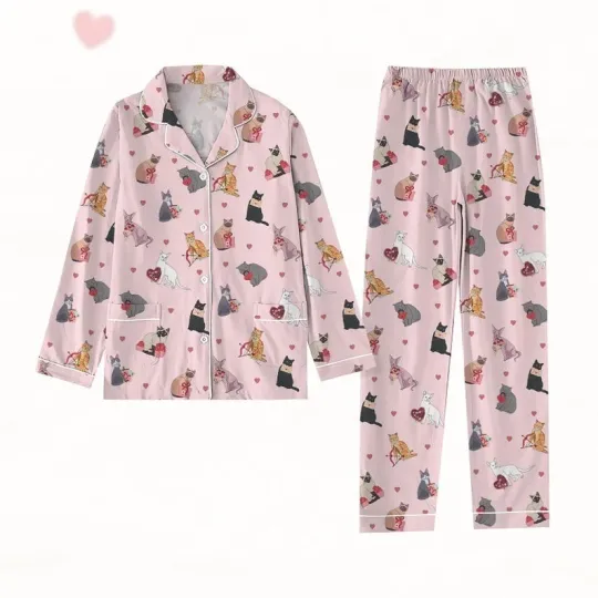 Discover Women's Valentine Cat Satin Pajama Set - Heart Cat Lover Gift for Her