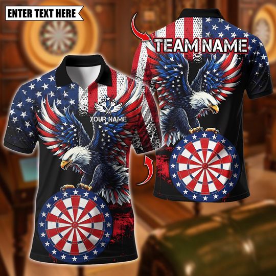 Discover Personalized Name Dart Polo Shirt, Patriotic Eagle American Flag Dartboard Design ,Custom Team Shirt for Men Women, Gift for Darts Players