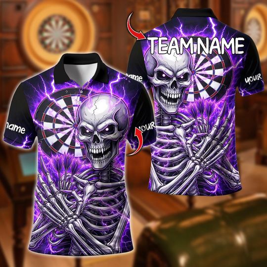 Discover Personalized Name Dart Polo Shirt, Darts Electric Skeleton Design ,Custom Team Shirt for Men Women, Gift for Darts Players