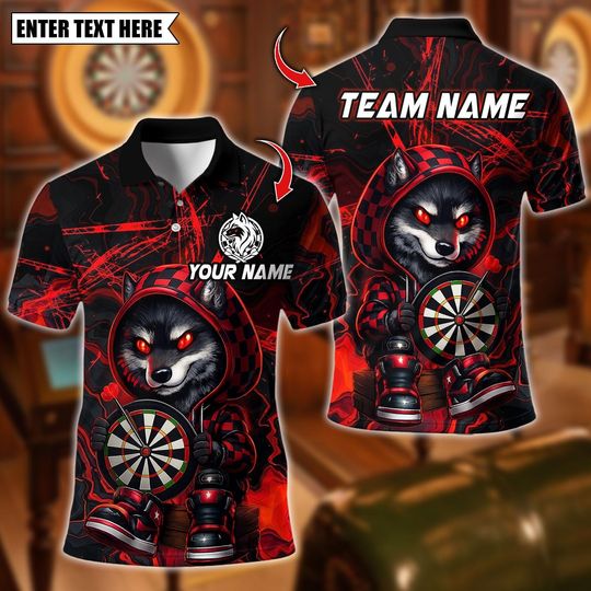 Discover Personalized Name Dart Polo Shirt, Cool Cartoon Wolf With Dartboard Design ,Custom Team Shirt for Men Women, Gift for Darts Players