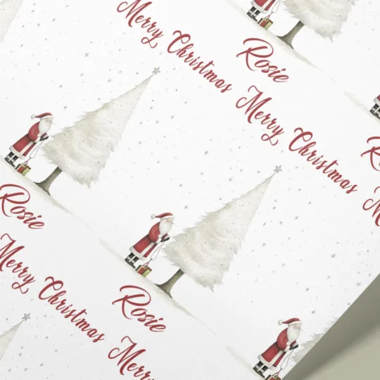 Personalised Santa and White Christmas Tree Wrapping Paper