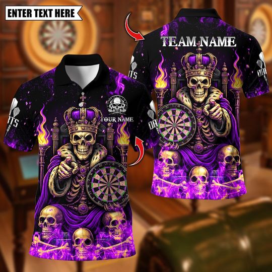 Discover Personalized Name Dart Polo Shirt, King Skeleton With Dartboard Design ,Custom Team Shirt for Men, Gift for Darts Players