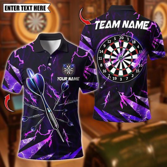 Discover Personalized Name Dart Polo Shirt, Thunder Lightning Dartboard Design ,Custom Team Shirt for Men, Gift for Darts Players