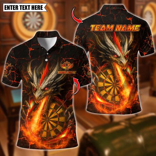 Discover Personalized Name Dart Polo Shirt, Flame Dragon With Dartboard Design ,Custom Team Shirt for Men, Gift for Darts Players