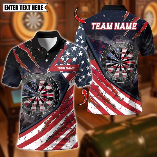 Discover Personalized Name Dart Polo Shirt, American Flag Smoke Dart Design ,Custom Team Shirt for Men Women, Gift for Darts Players