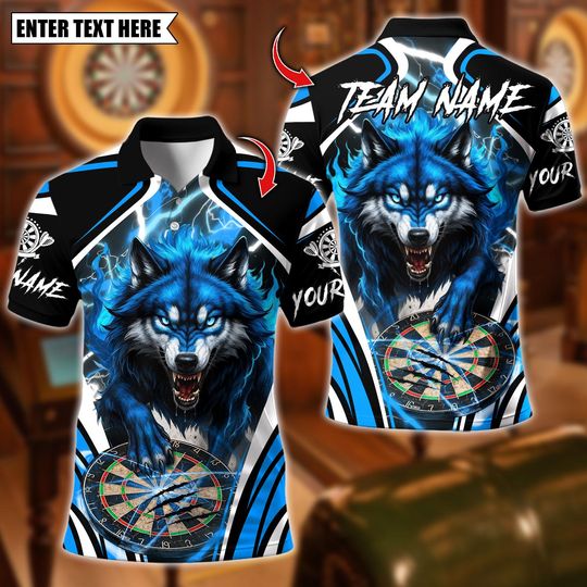Discover Personalized Name Dart Polo Shirt, Wolf With Dartboard Design ,Custom Team Shirt for Men, Gift for Darts Players
