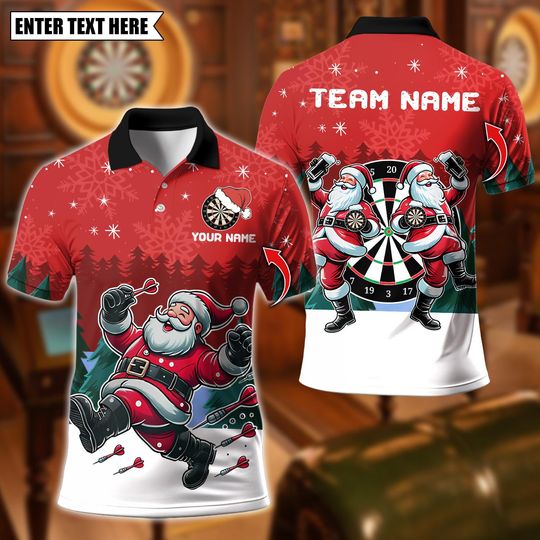 Discover Personalized Name Dart Polo Shirt, Funny Santa Playing Darts Design, Custom Team Shirt for Men, Gift for Darts Players