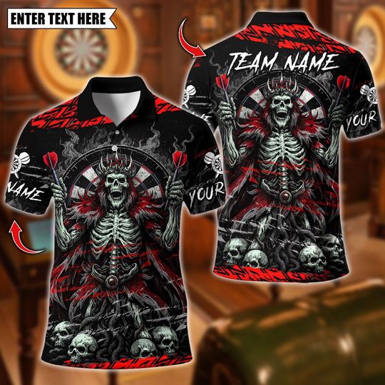 Discover Personalized Name Dart Polo Shirt, Dissonant Ink King Skull Dartboard Design ,Custom Team Shirt for Men Women, Gift for Darts Players