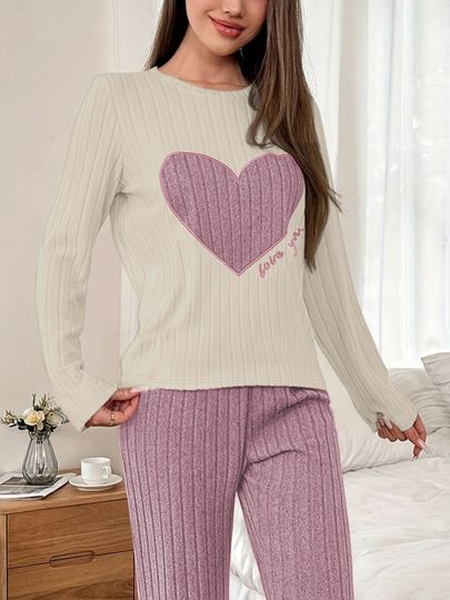 Discover 2025 Autumn Winter Sleepwear Casual Heart Printed Long Sleeve T-shirts and Trouses Sets Women Pajamas Set Homewear Loungewear
