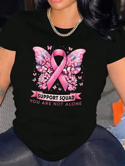 Discover Women's Breast Cancer Awareness Butterfly Ribbon Print Harajuku Short Sleeve Casual Women's Clothing Street Aesthetic Clothes