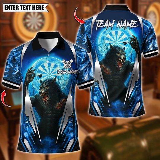 Discover Personalized Name Dart Polo Shirt, Werewolf Dartboard Design, Custom Team Shirt for Men, Gift for Darts Players