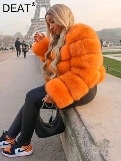 Discover DEAT Fashion Orange Imitation Fox Fur Grass Coat Women's Round Neck Plush Thick Jacket Winter New 7A1578