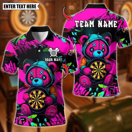 Discover Personalized Name Dart Polo Shirt, Darts Colorful Patchwork Bear Design ,Custom Team Shirt for Men, Gift for Darts Players