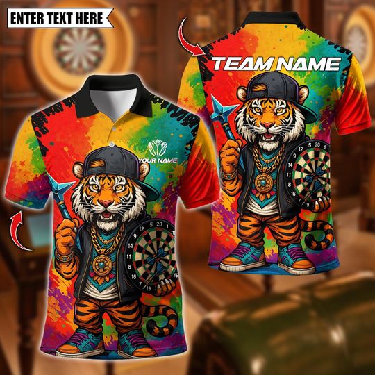 Discover Personalized Name Dart Polo Shirt, Hiphop Tiger With Dartboard Design ,Custom Team Shirt for Men, Gift for Darts Players