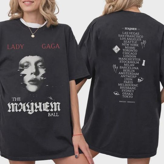 Discover The Mayhem Ball 2-Sided T-Shirt, Gothic Style Graphic Top, 2025 Concert Merch, Mother Monster Fan Gear