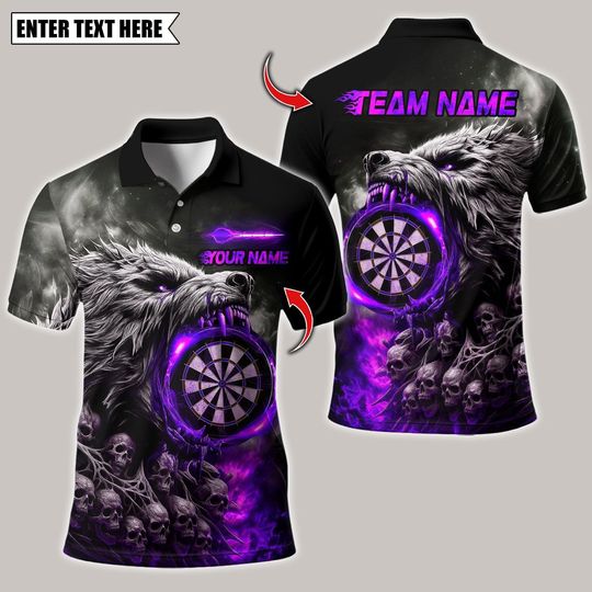 Discover Personalized Name Dart Polo Shirt, Wolf And Skull Dartboard Design ,Custom Team Shirt for Men, Gift for Darts Players