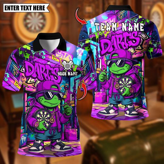 Discover Personalized Name Dart Polo Shirt, Cool Hip-Hop Turtle With Dartboard Design ,Custom Team Shirt for Men, Gift for Darts Players