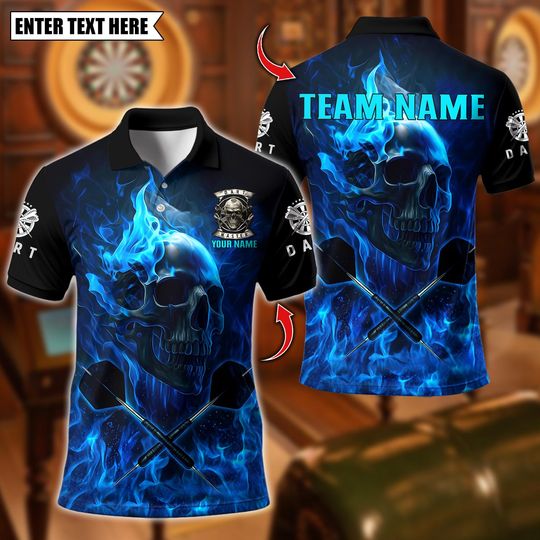 Discover Personalized Name Dart Polo Shirt, Skull Flame Dartboard King Design ,Custom Team Shirt for Men, Gift for Darts Players