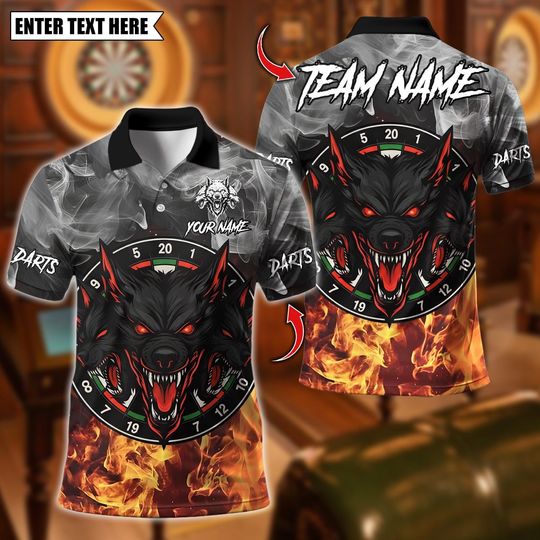 Discover Personalized Name Dart Polo Shirt, Fierce Wolf Darts Flame Art Design ,Custom Team Shirt for Men Women, Gift for Darts Players
