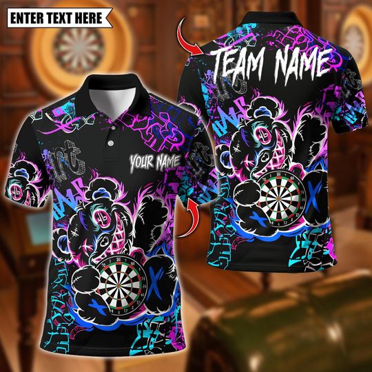 Discover Personalized Name Dart Polo Shirt, Graffiti Bear Dartboard Neon Splash Dartboard Design ,Custom Team Shirt for Men, Gift for Darts Players