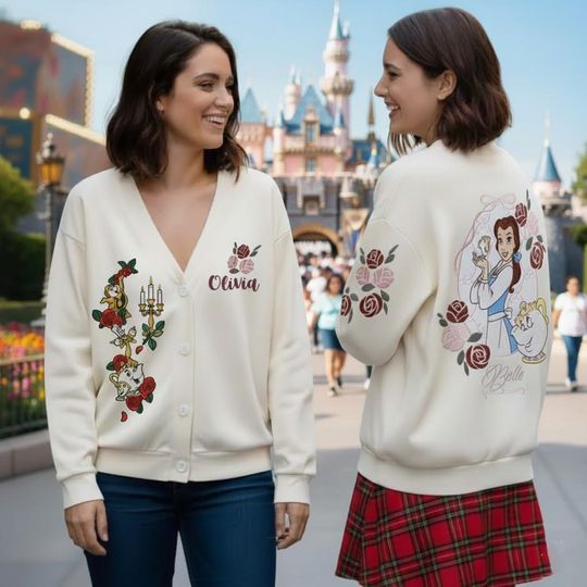 Custom Disney Beauty And The Beast Print Cardigan, Rose Belle Princess Mrs Potts Chip Cardigan, Disney Winter Matching Trip Outfits