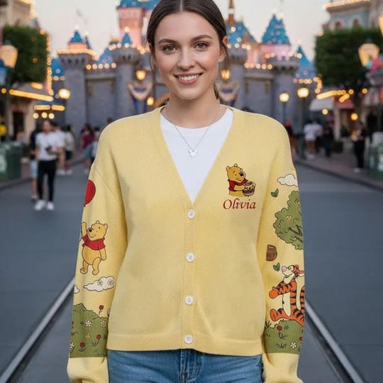 Disney Winnie The Pooh Flower Girls Print Cardigan, Disney Pooh and Friends Floral Cardigan, Kawaii Cardigan for Women