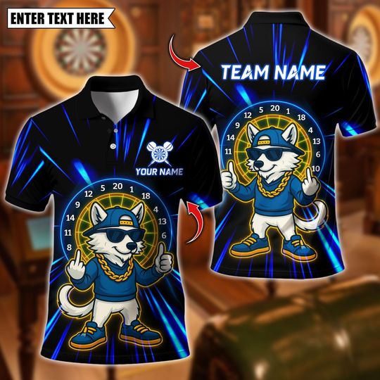 Discover Personalized Name Dart Polo Shirt, Darts Wolf Style with Hip Hop Glow Design ,Custom Team Shirt for Men, Gift for Darts Players