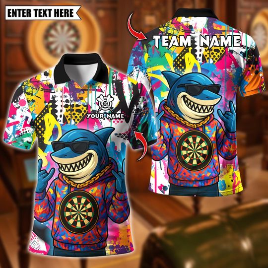 Discover Personalized Name Dart Polo Shirt, HipHop Shark With Dartboard Design ,Custom Team Shirt for Men, Gift for Darts Players