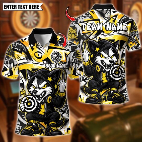 Discover Personalized Name Dart Polo Shirt, Cool Cartoon Wolf With Dartboard Design ,Custom Team Shirt for Men Women, Gift for Darts Players
