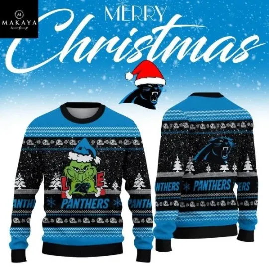 Discover Carolina Panther 2026 1Grinch Happy New Year football Ugly Christmas Sweaters