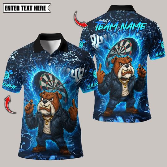 Discover Personalized Name Dart Polo Shirt, Bulldog Fire Flames Multicolor Options Design ,Custom Team Shirt for Men, Gift for Darts Players