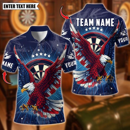 Discover Personalized Name Dart Polo Shirt, American Eagle Darts Design ,Custom Team Shirt for Men, Gift for Darts Players