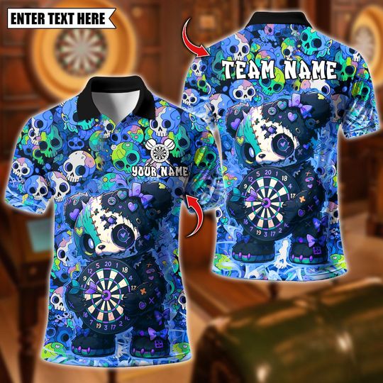 Discover Personalized Name Dart Polo Shirt, Scary Teddy Bear Dartboard Design Polo ,Custom Team Shirt for Men, Gift for Darts Players